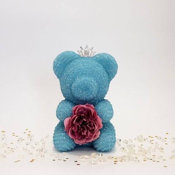 Crystal bear blue with tiara and flower
