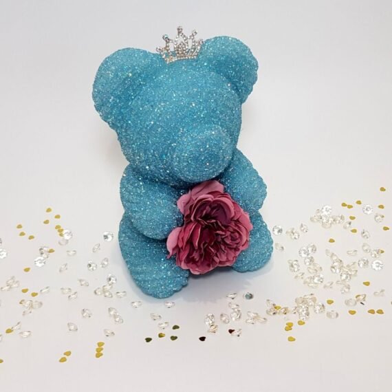 Blue crystal bear with tiara and flower