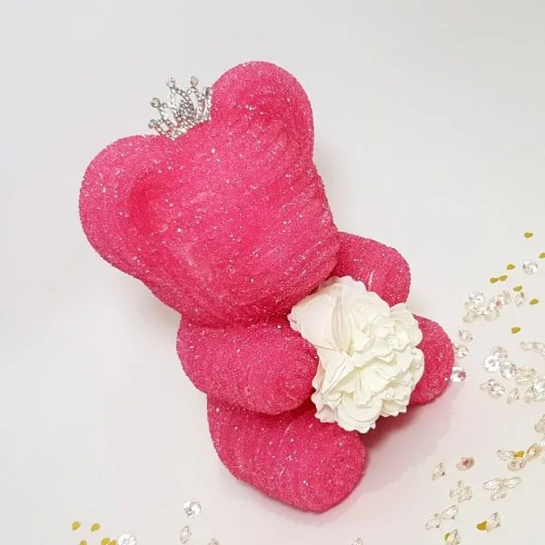 Pink crystal bear with tiara and flower
