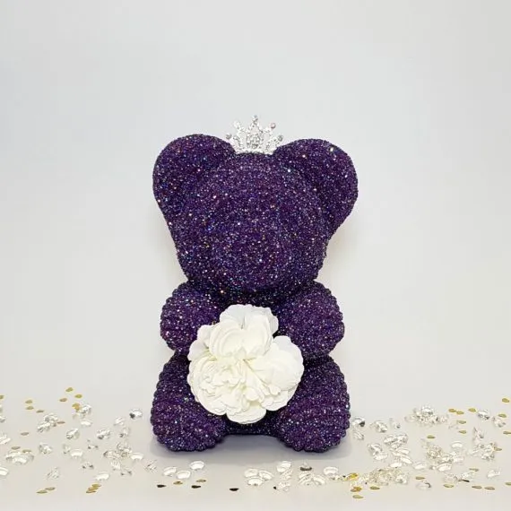 Purple crystal bear with tiara and flower