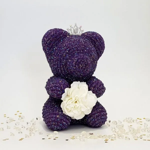 Purple crystal bear with tiara and flower