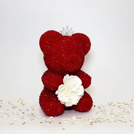Red crystal bear with tiara and flower