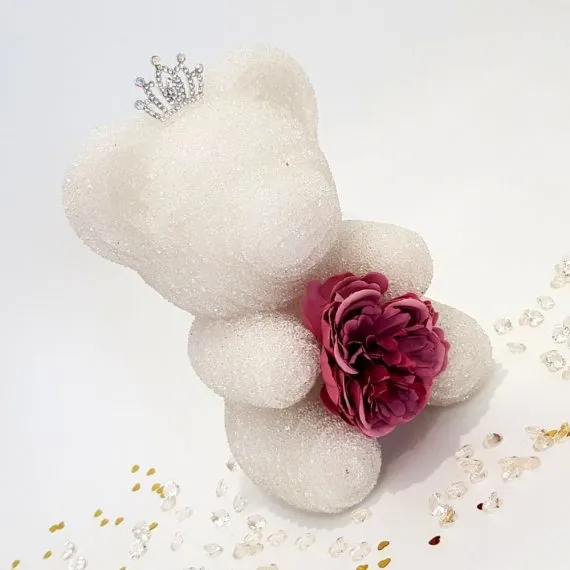 White crystal bear with tiara and flower