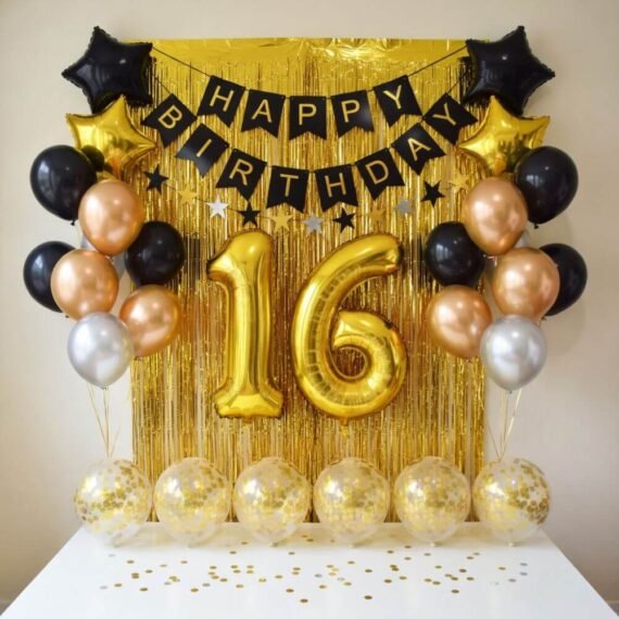 Gold and Black 16th Birthday Decoration Kit