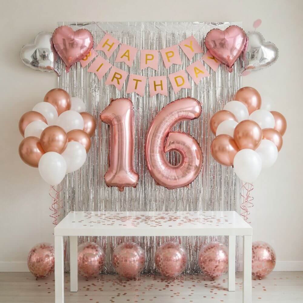 Rose Gold and Silver 16th Birthday Decoration Kit