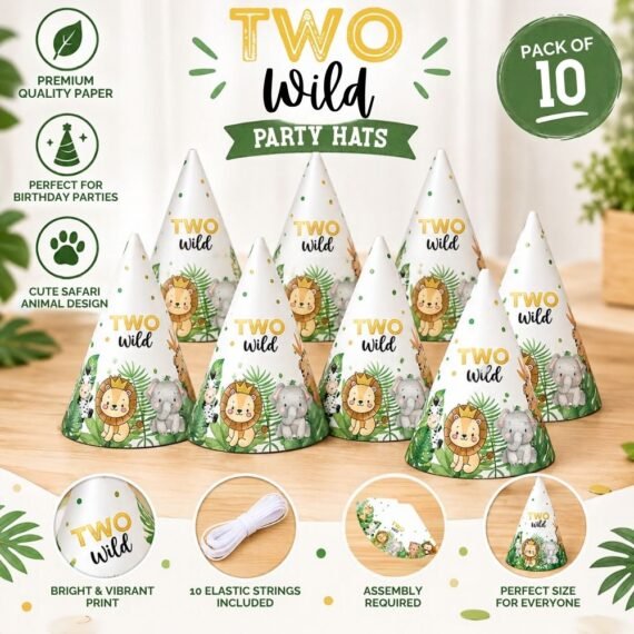 Two Wild Safari Party Hats - Pack of 10 Jungle Animal Birthday Hats